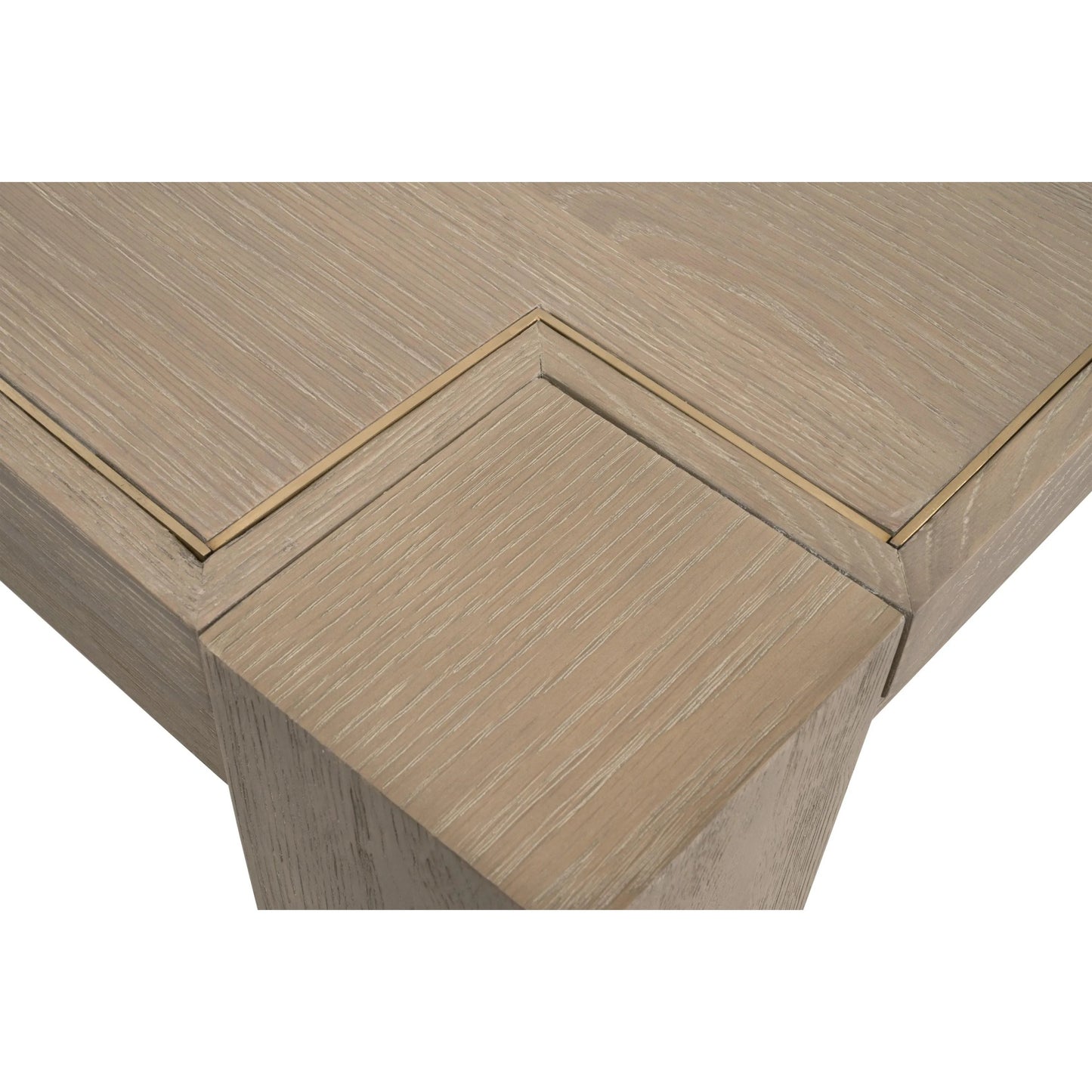 008 SI-2544372 | Closeup | Canal Dining Table by Essentials For Living in smoke gray oak, brushed gold inlay. Made from solid oak wood, oak veneer, stainless steel in a transitional style.