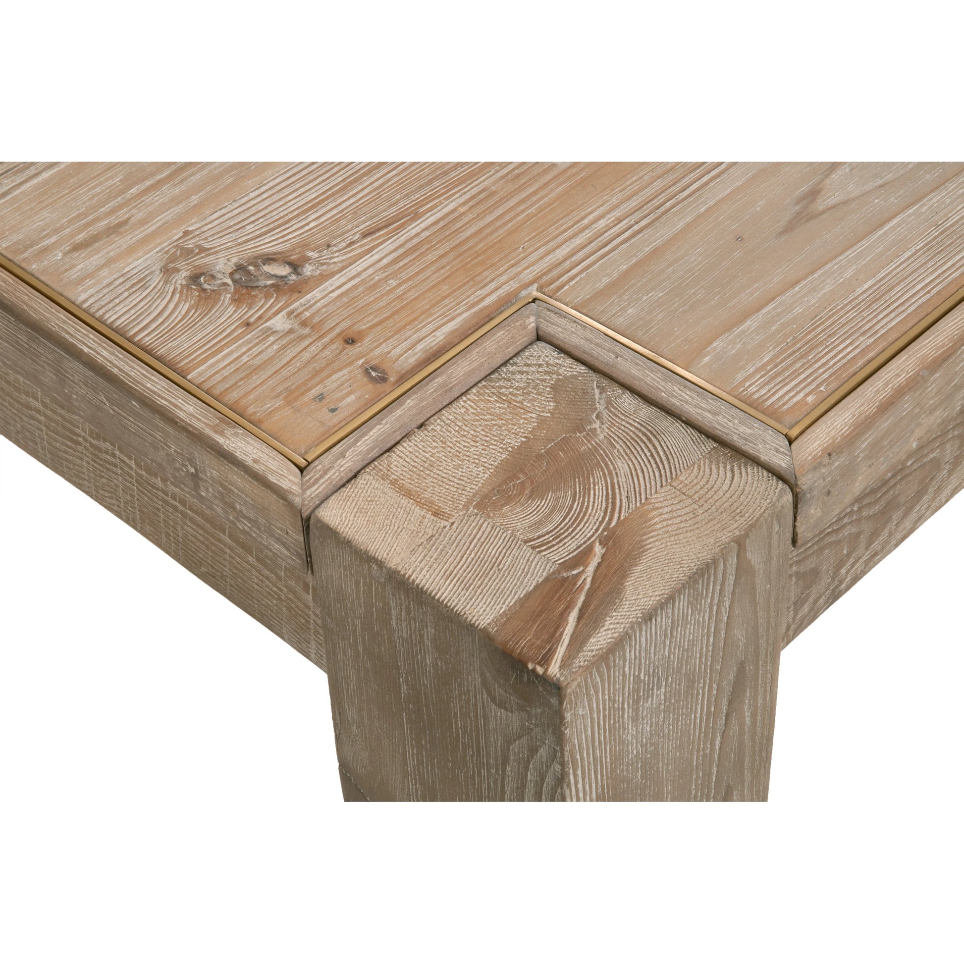 Canal Dining Table by Essentials For Living in smoke gray pine, brushed gold inlay. Made from reclaimed pine, reclaimed pine veneer, metal in a cottage & farmhouse style.