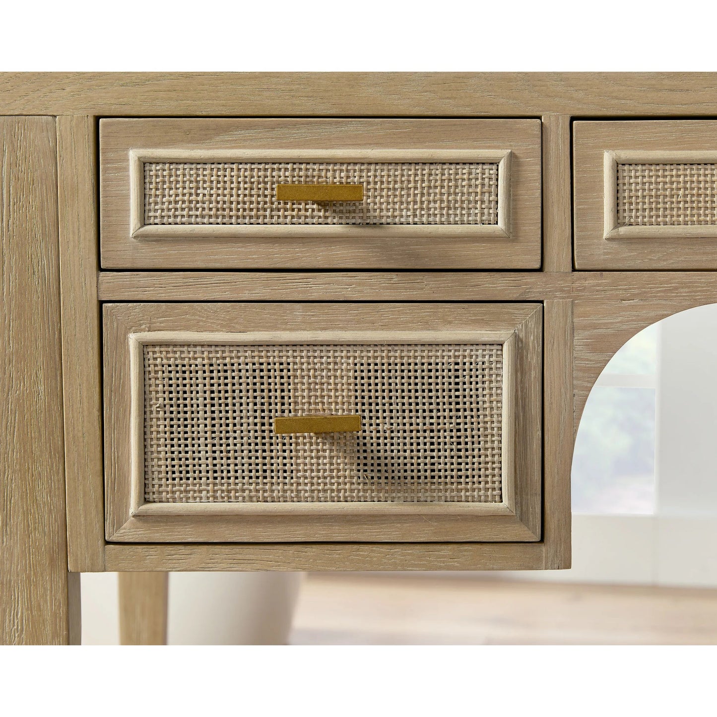 006 SI-1998819 | Closeup | Cane Desk by Essentials For Living in smoke gray oak, smoke gray cane. Made from solid reclaimed oak, oak veneer, cane in a cottage & farmhouse style.