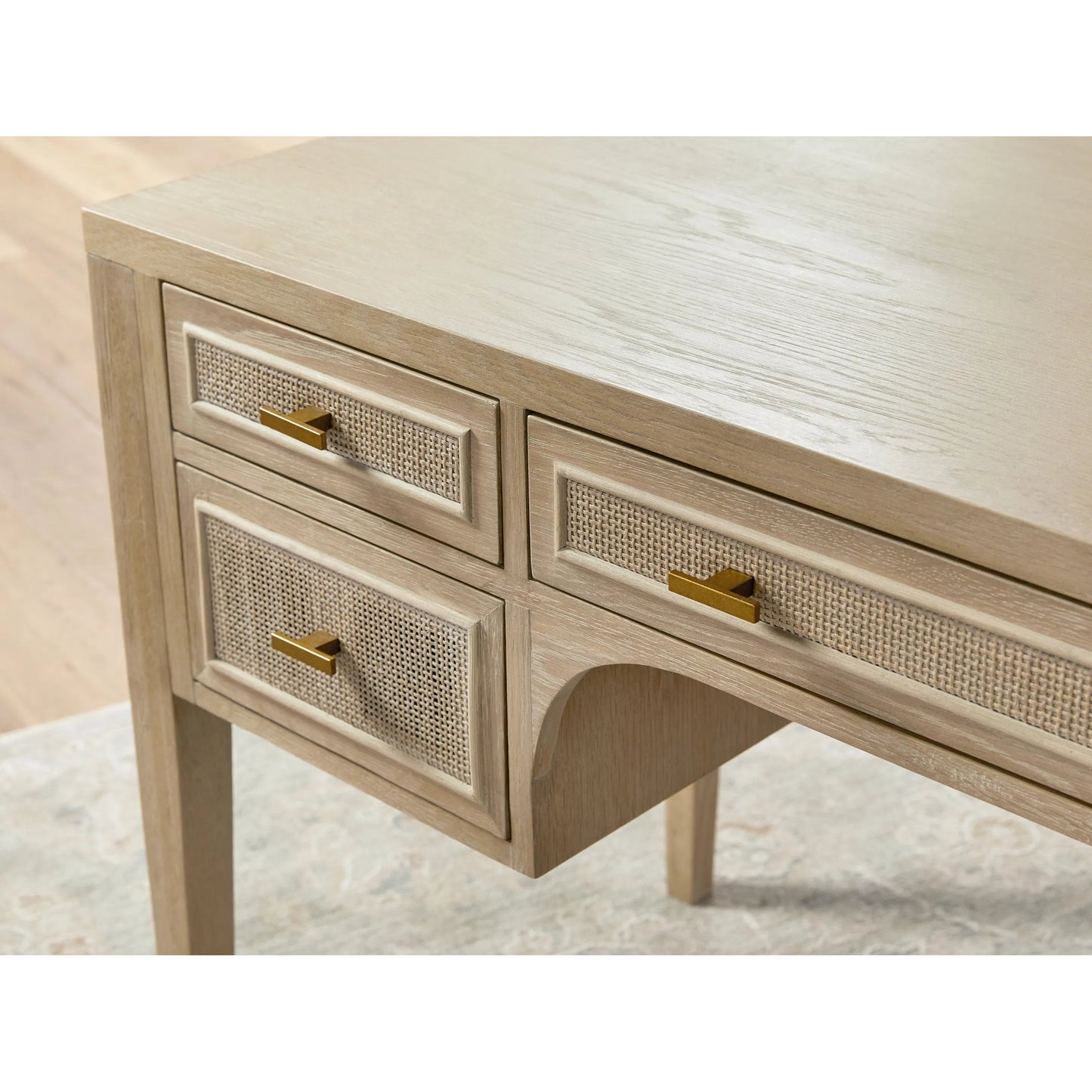 007 SI-1998819 | Closeup | Cane Desk by Essentials For Living in smoke gray oak, smoke gray cane. Made from solid reclaimed oak, oak veneer, cane in a cottage & farmhouse style.