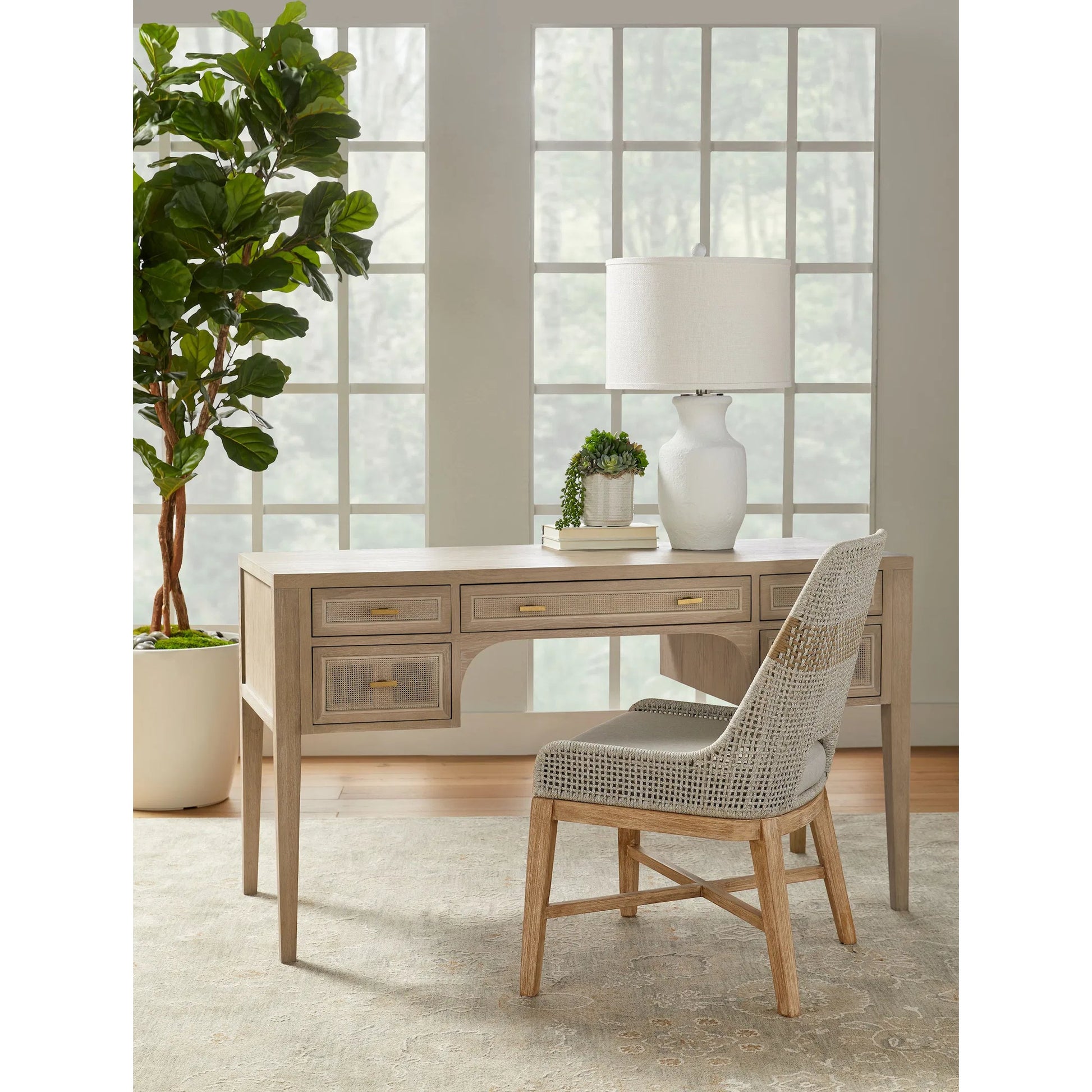 Cane Desk by Essentials For Living in smoke gray oak, smoke gray cane. Made from solid reclaimed oak, oak veneer, cane in a cottage & farmhouse style.