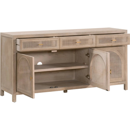 Cane Media Sideboard by Essentials For Living in smoke gray oak, smoke gray cane. Made from solid reclaimed oak, oak veneer, cane, metal in a cottage & farmhouse style.