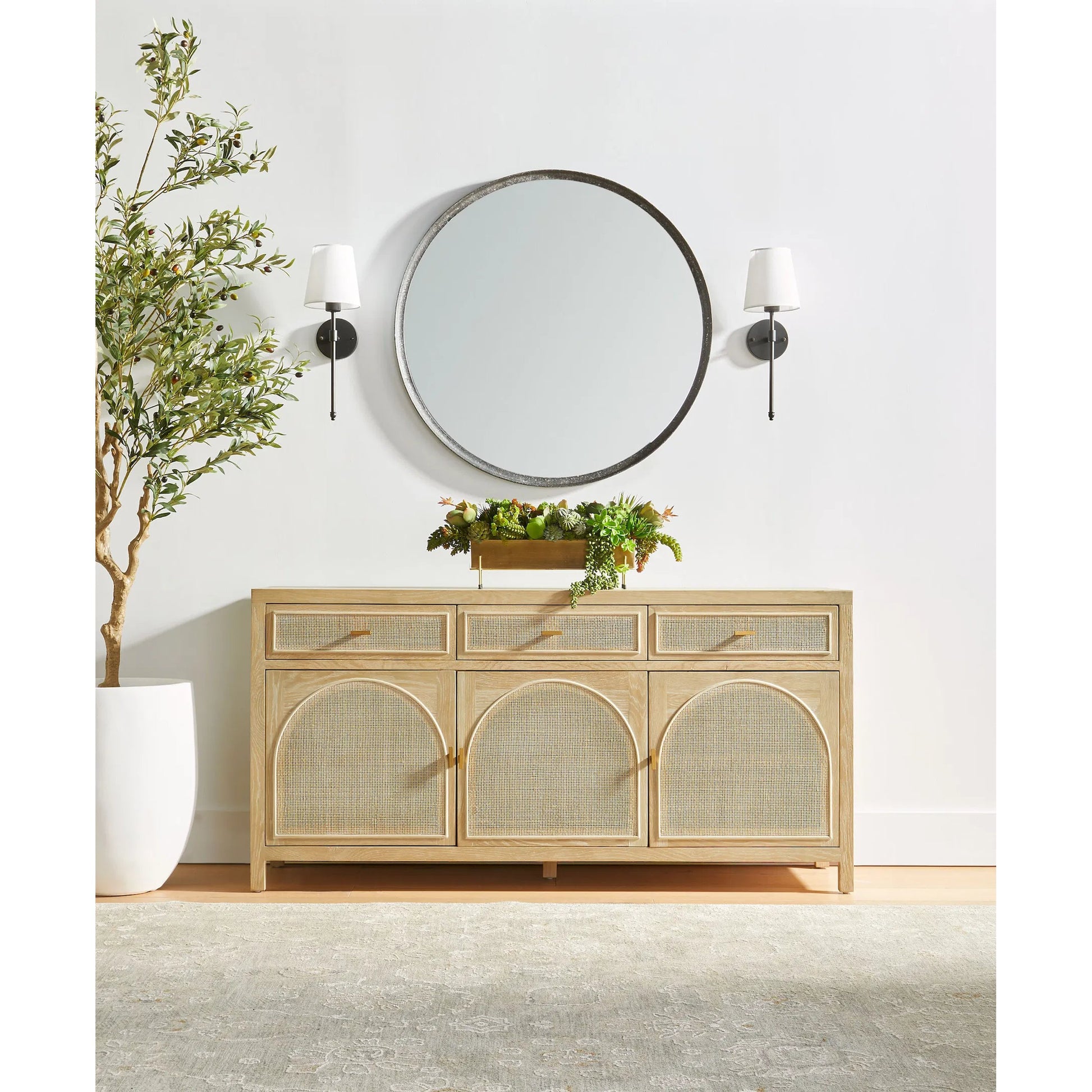 Cane Media Sideboard by Essentials For Living in smoke gray oak, smoke gray cane. Made from solid reclaimed oak, oak veneer, cane, metal in a cottage & farmhouse style.