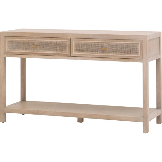 Cane Entry Console by Essentials For Living in smoke gray oak, smoke gray cane. Made from solid reclaimed oak, oak veneer, cane, metal in a cottage & farmhouse style.