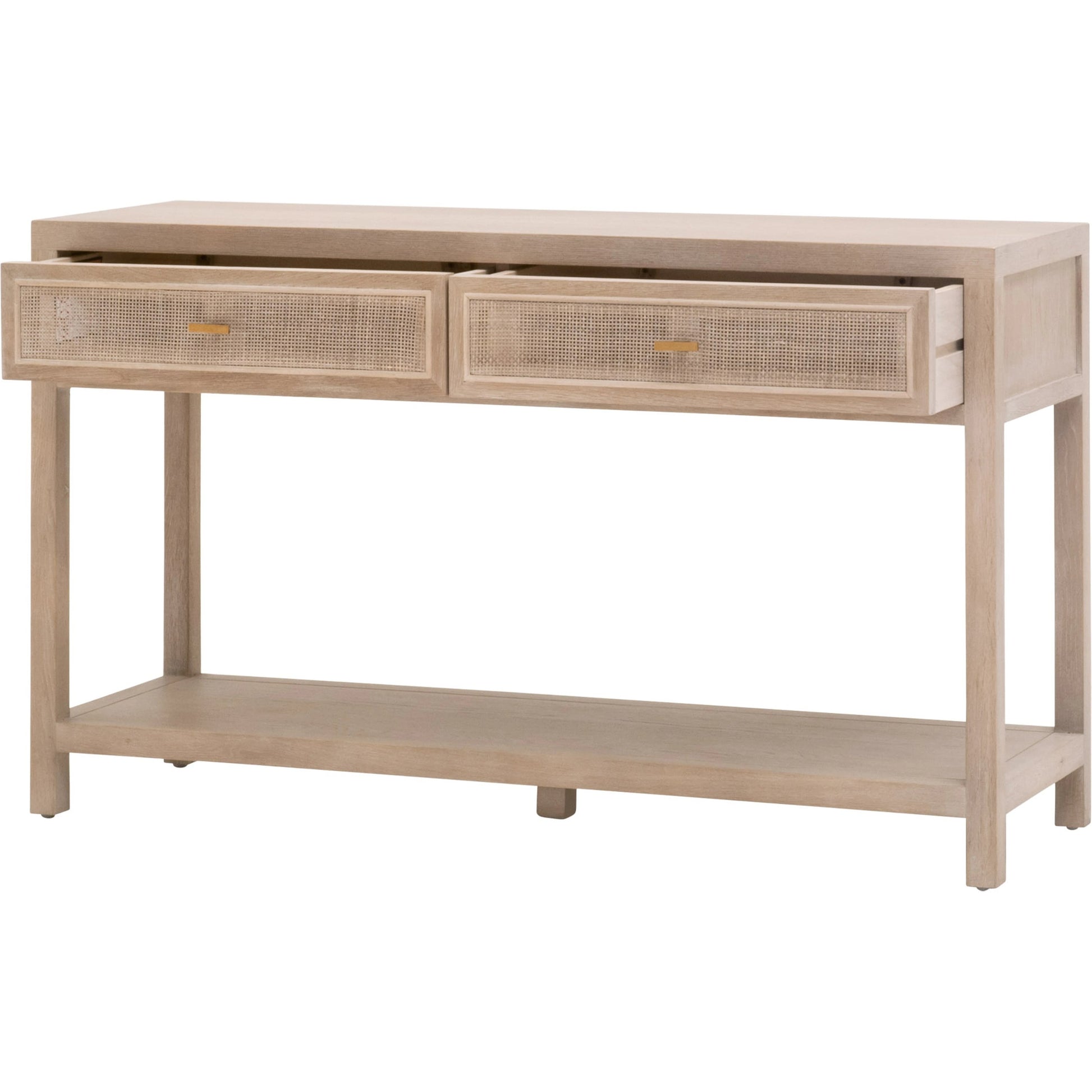 Cane Entry Console by Essentials For Living in smoke gray oak, smoke gray cane. Made from solid reclaimed oak, oak veneer, cane, metal in a cottage & farmhouse style.