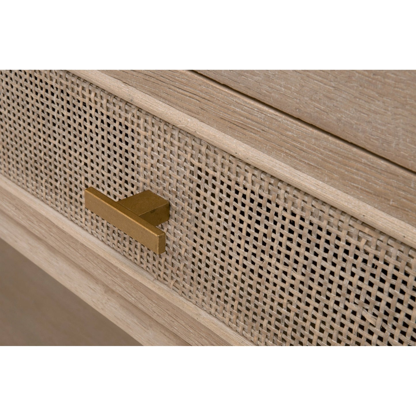 003 SI-1998817 | Closeup | Cane Entry Console by Essentials For Living in smoke gray oak, smoke gray cane. Made from solid reclaimed oak, oak veneer, cane, metal in a cottage & farmhouse style.