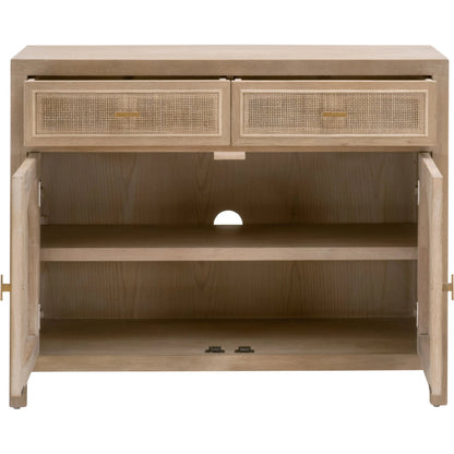 Cane Media Cabinet by Essentials For Living in smoke gray oak, smoke gray cane. Made from solid reclaimed oak, oak veneer, cane, metal in a cottage & farmhouse style.