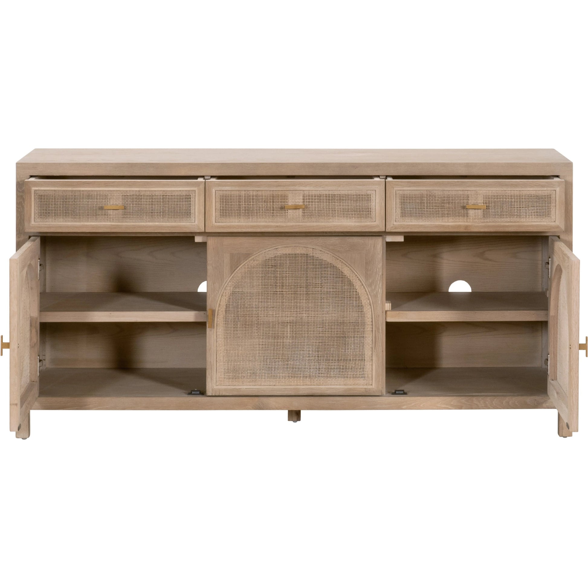Cane Media Sideboard by Essentials For Living in smoke gray oak, smoke gray cane. Made from solid reclaimed oak, oak veneer, cane, metal in a cottage & farmhouse style.