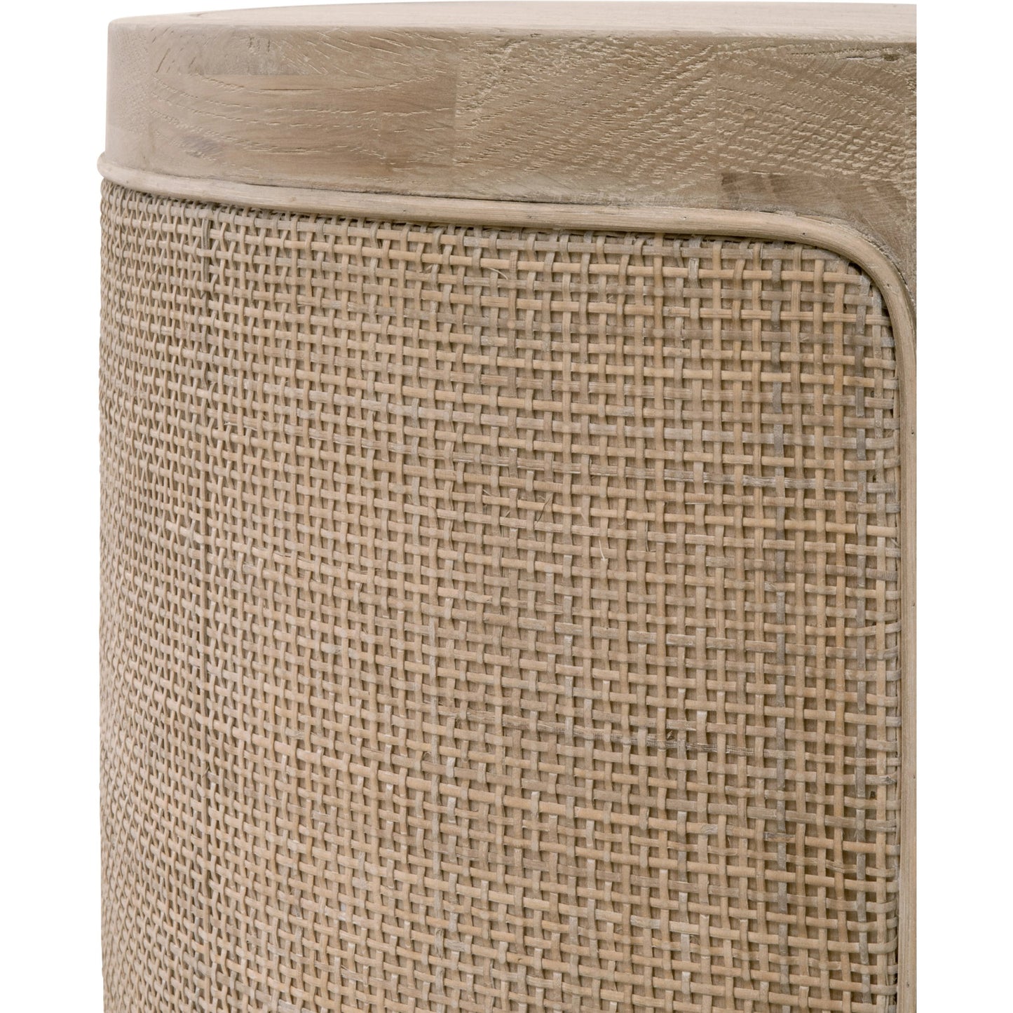 003 SI-1998820 | Closeup | Cane End Table by Essentials For Living in smoke gray oak, smoke gray cane. Made from solid reclaimed oak, oak veneer, cane in a cottage & farmhouse style.