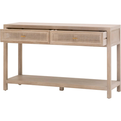 Cane Entry Console by Essentials For Living in smoke gray oak, smoke gray cane. Made from solid reclaimed oak, oak veneer, cane, metal in a cottage & farmhouse style.
