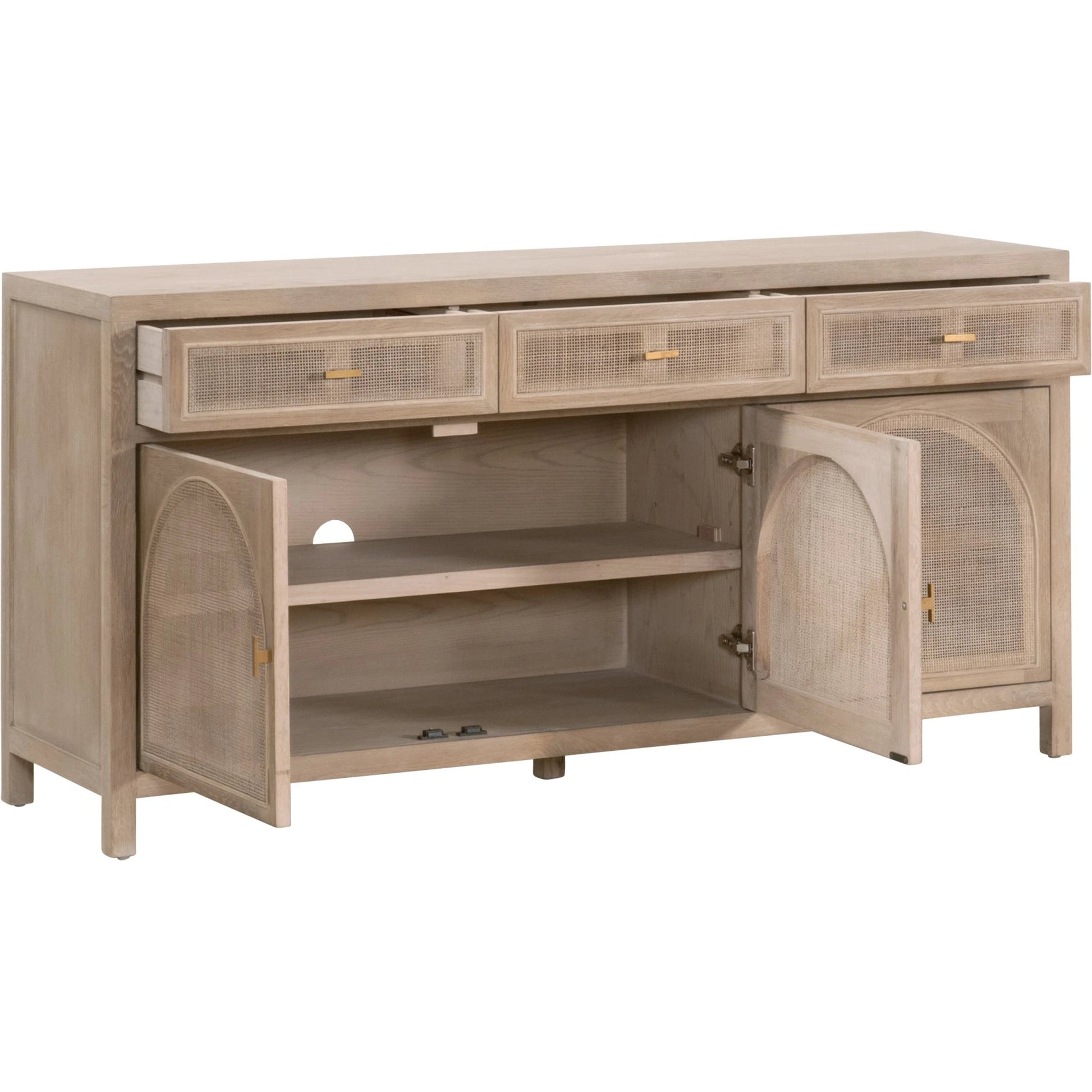 Cane Media Sideboard by Essentials For Living in smoke gray oak, smoke gray cane. Made from solid reclaimed oak, oak veneer, cane, metal in a cottage & farmhouse style.