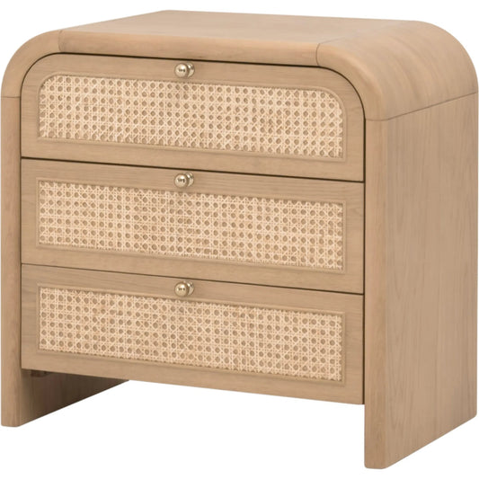 Cannes Nightstand by Essentials For Living in natural oak, cane. Made from solid oak wood, oak veneer, cane, iron, felt in a transitional style.