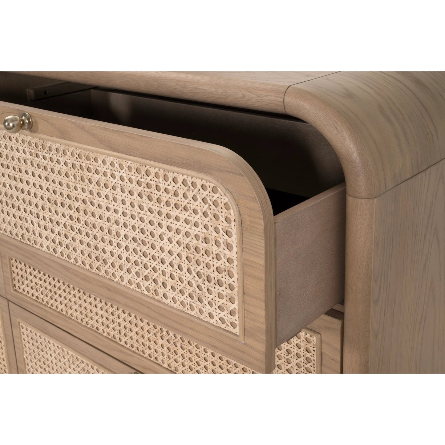 009 SI-2472601 | Closeup | Cannes Double Dresser by Essentials For Living in natural oak, cane. Made from solid oak wood, oak veneer, cane, iron, felt in a transitional style.