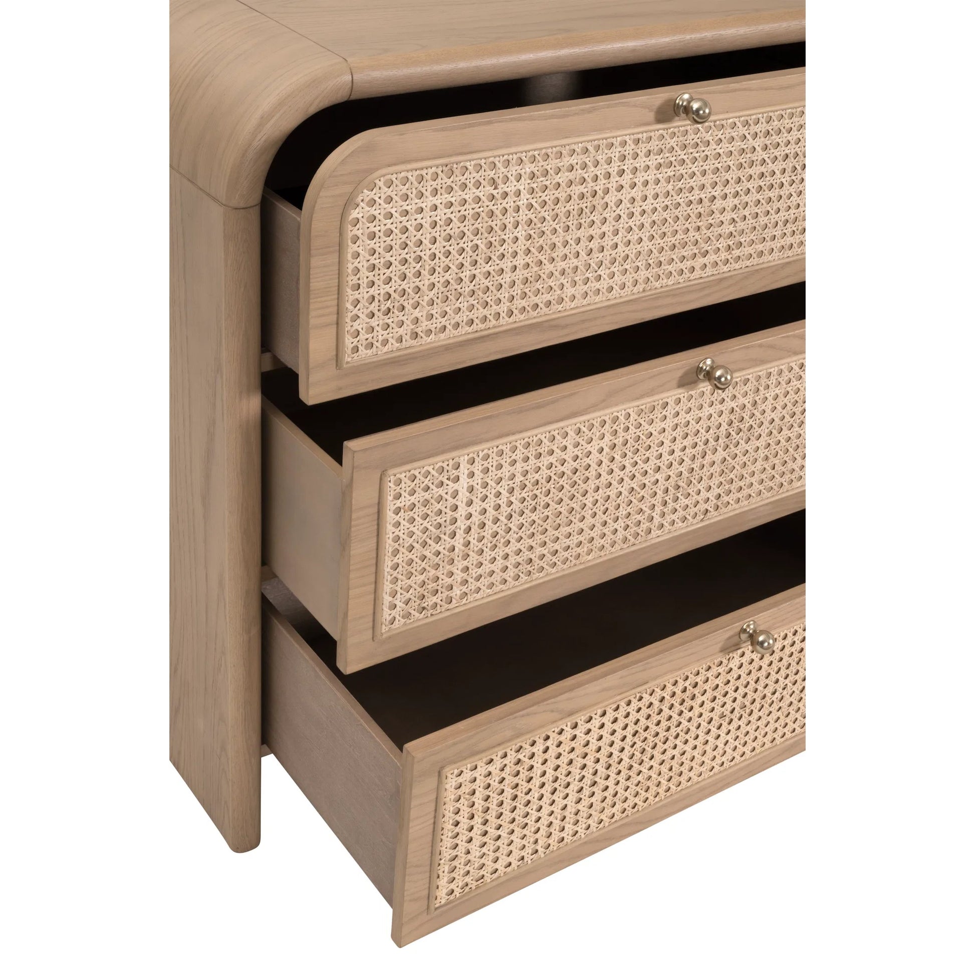 Cannes Double Dresser by Essentials For Living in natural oak, cane. Made from solid oak wood, oak veneer, cane, iron, felt in a transitional style.