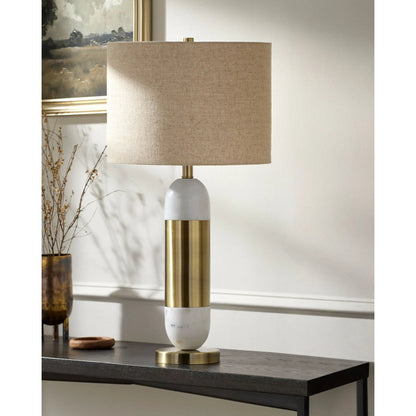 Carina Accent Table Lamp by Surya in platedmarbledplatedplated. Made from marble, iron, linen, polyester in a transitional style.