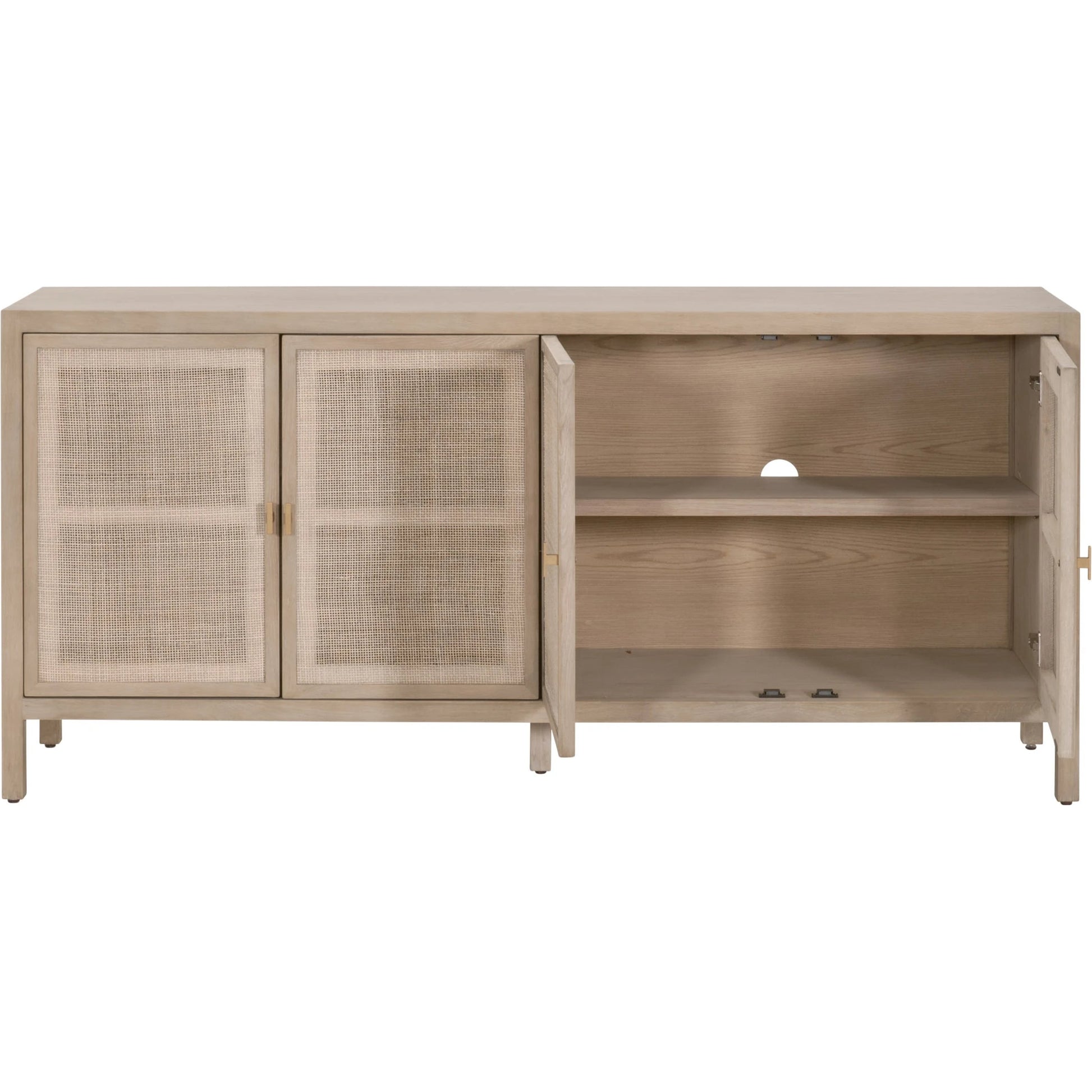 Carina Media Sideboard by Essentials For Living in smoke gray oak, smoke gray cane. Made from solid oak wood, oak veneer, mdf, plywood, cane in a cottage & farmhouse style.