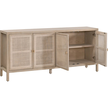 Carina Media Sideboard by Essentials For Living in smoke gray oak, smoke gray cane. Made from solid oak wood, oak veneer, mdf, plywood, cane in a cottage & farmhouse style.
