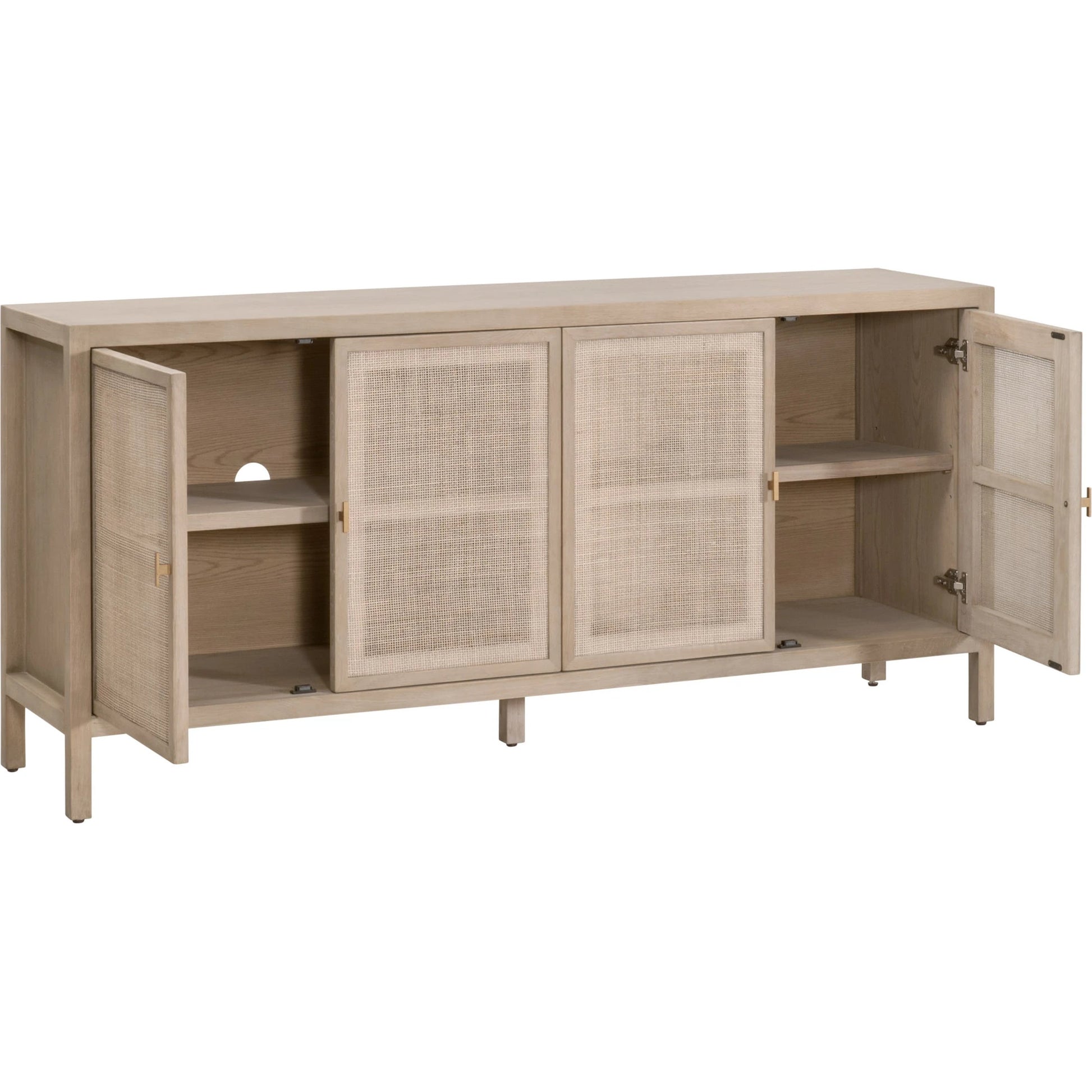 Carina Media Sideboard by Essentials For Living in smoke gray oak, smoke gray cane. Made from solid oak wood, oak veneer, mdf, plywood, cane in a cottage & farmhouse style.