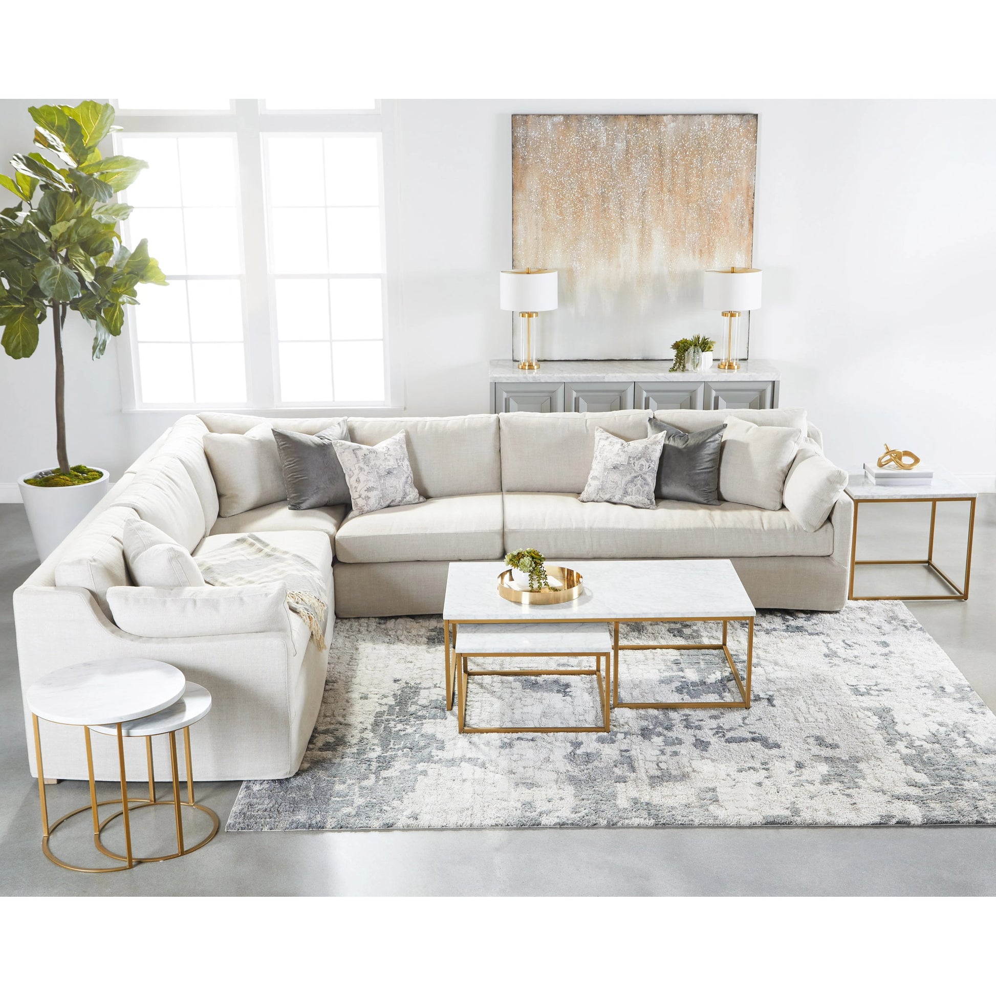 Carrera Nesting Coffee Table by Essentials For Living in white carrera marble, brushed gold. Made from marble veneer over mdf, metal in a modern style.