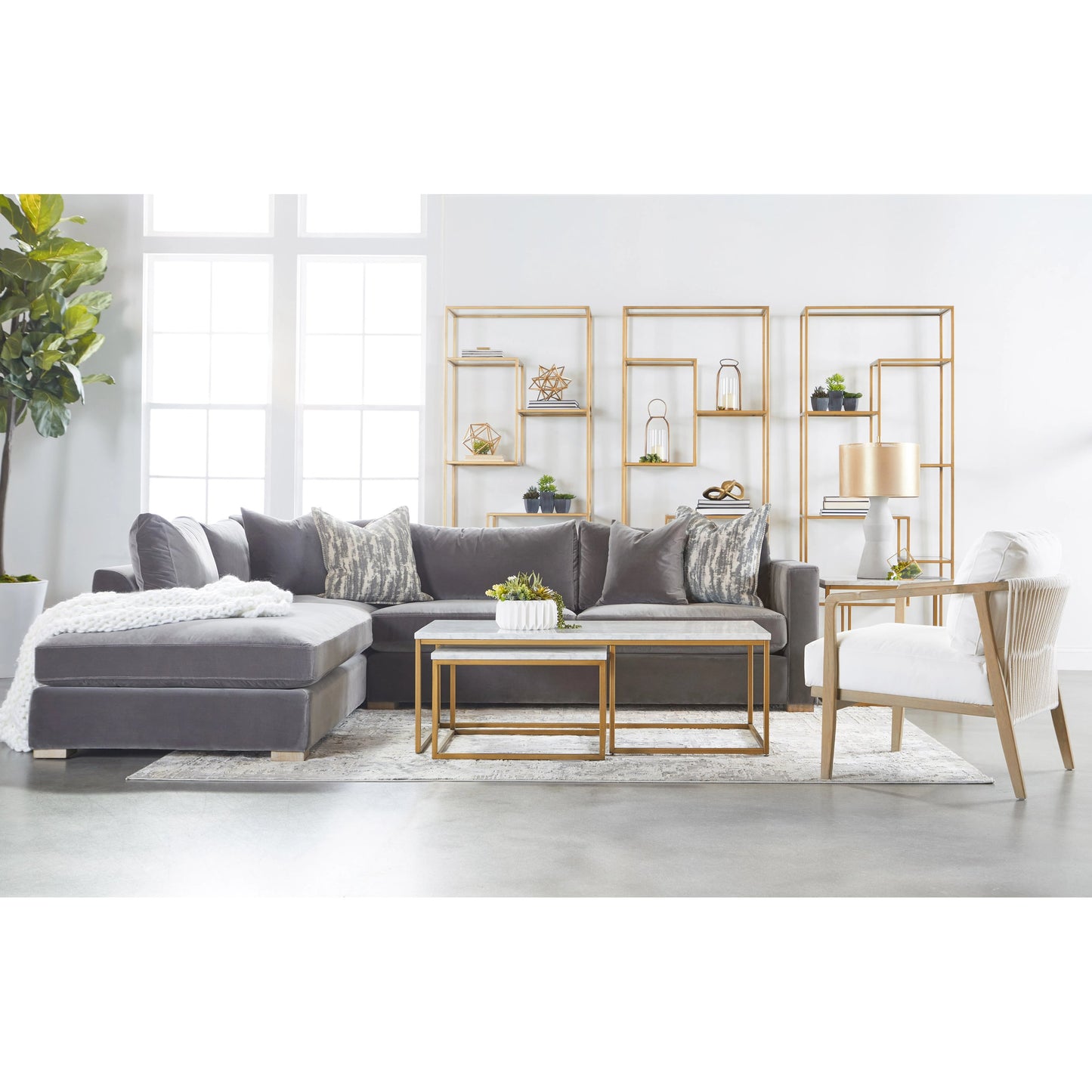 036 SR-387143 | Lifestyle | Carrera Nesting Coffee Table by Essentials For Living in white carrera marble, brushed gold. Made from marble veneer over mdf, metal in a modern style.