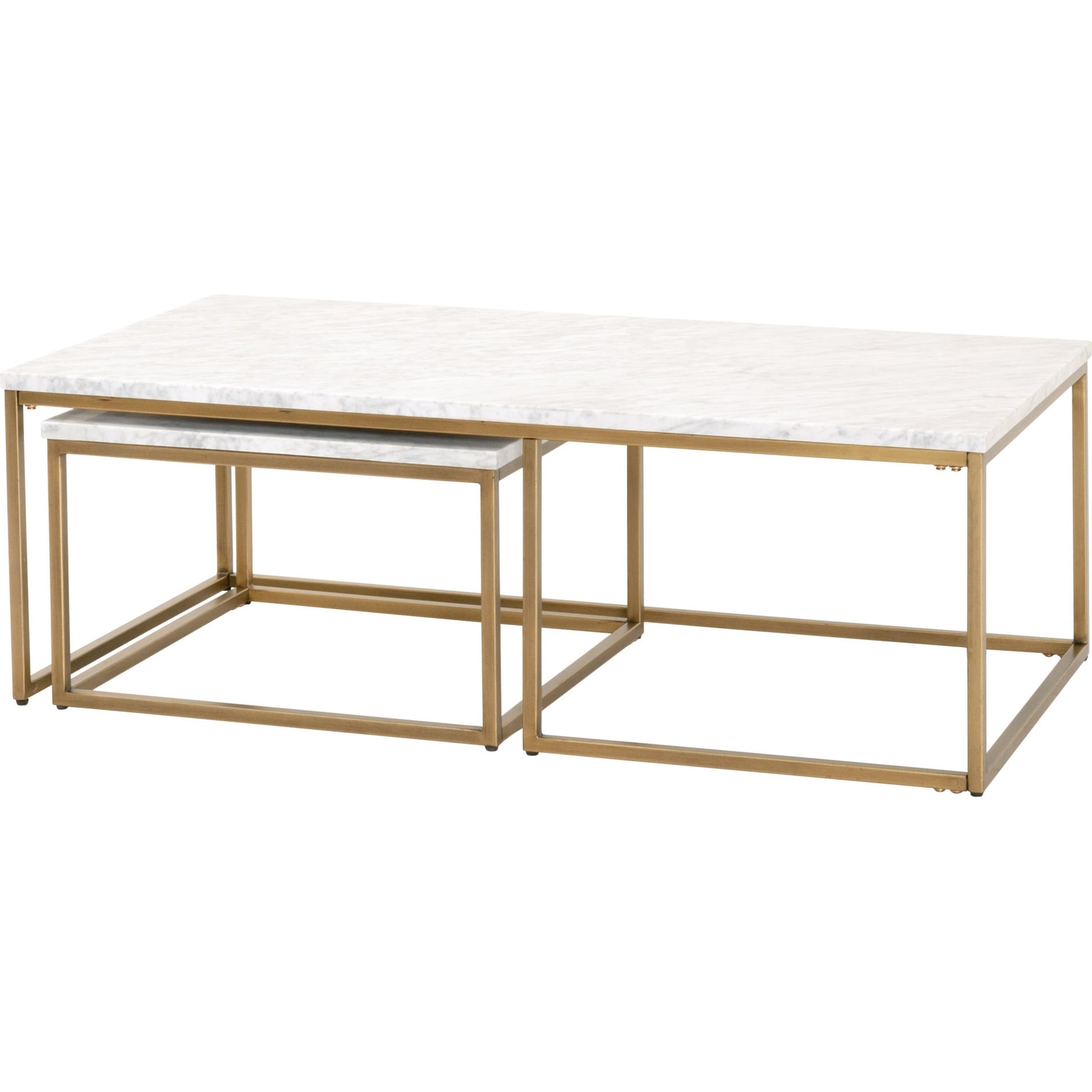 Carrera Nesting Coffee Table by Essentials For Living in white carrera marble, brushed gold. Made from marble veneer over mdf, metal in a modern style.