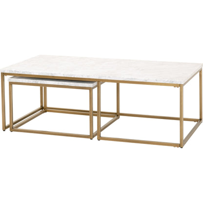 Carrera Nesting Coffee Table by Essentials For Living in white carrera marble, brushed gold. Made from marble veneer over mdf, metal in a modern style.
