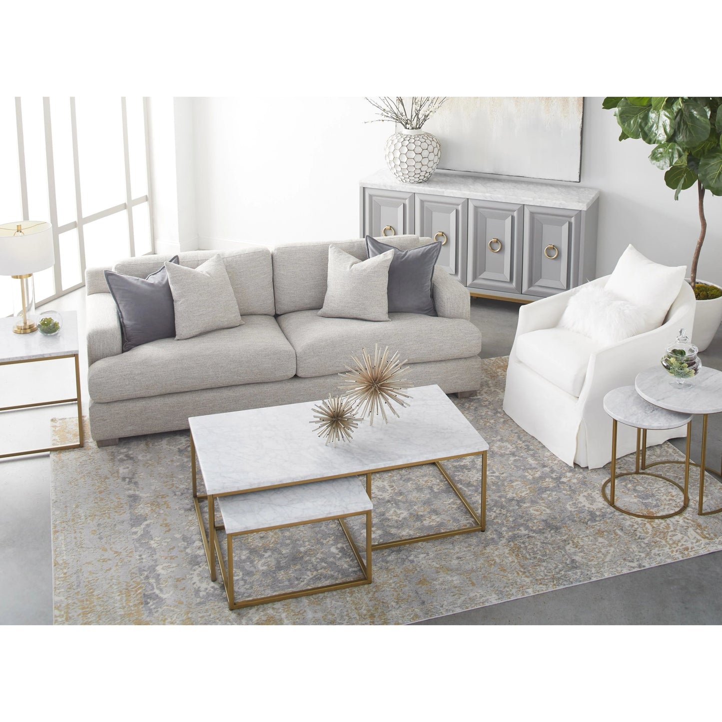 041 SR-387143 | Lifestyle | Carrera Nesting Coffee Table by Essentials For Living in white carrera marble, brushed gold. Made from marble veneer over mdf, metal in a modern style.