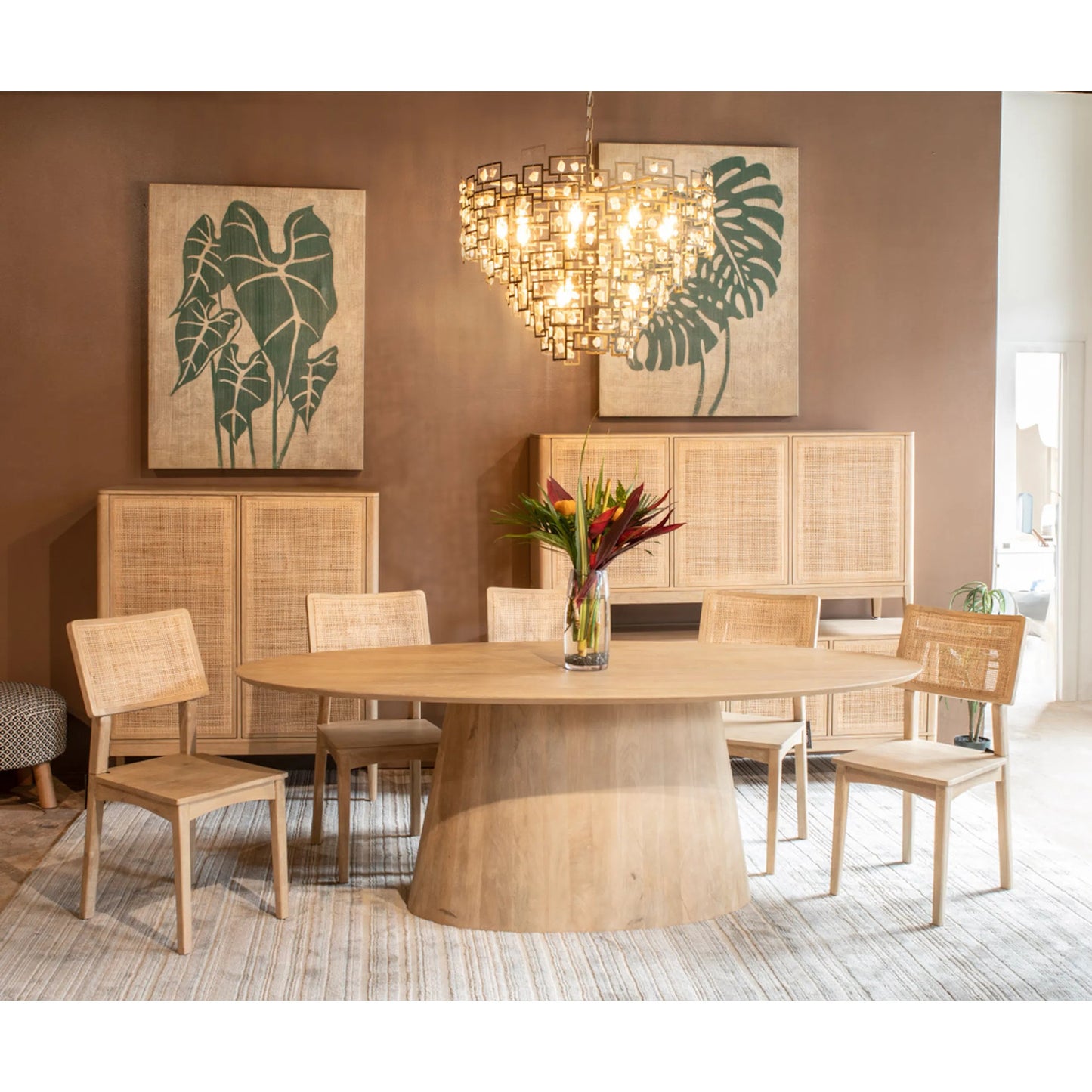 002 SI-2242797 | Lifestyle | Calabasas 86" Oval Dining Table by World Interiors in white, beige and white wash. Made from mango wood, cane in a transitional style.