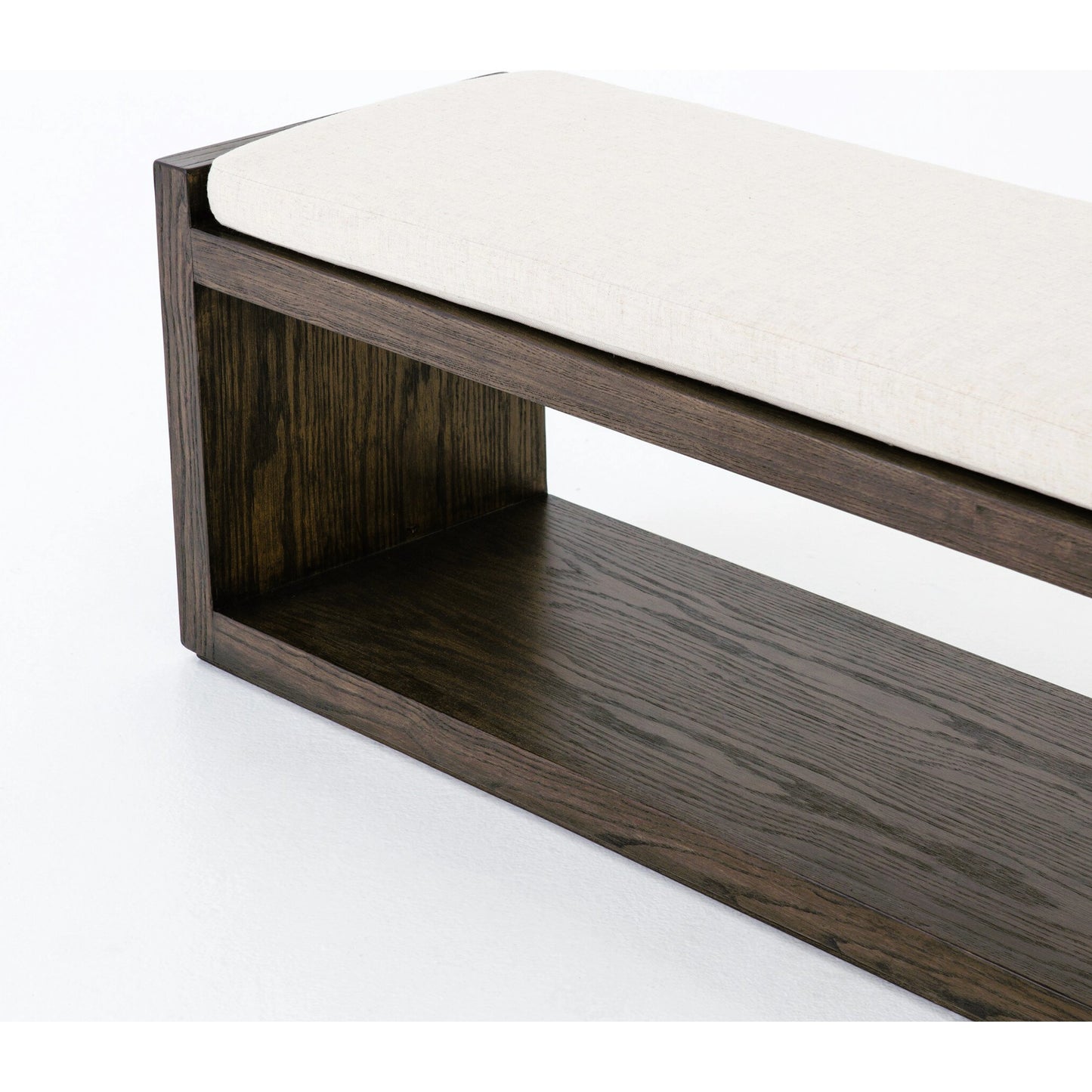 019 SR-368990 | Closeup | Edmon Bench by Four Hands in savile flax, warm oak. Made from 92% polyester, 8% flax, linen, solid nettlewood, 93% polyurethane foam pad, 7% polyester fiber batting in a modern style.