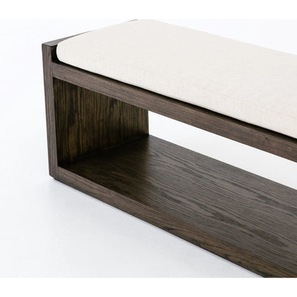 Edmon Bench by Four Hands in savile flax, warm oak. Made from 92% polyester, 8% flax, linen, solid nettlewood, 93% polyurethane foam pad, 7% polyester fiber batting in a modern style.