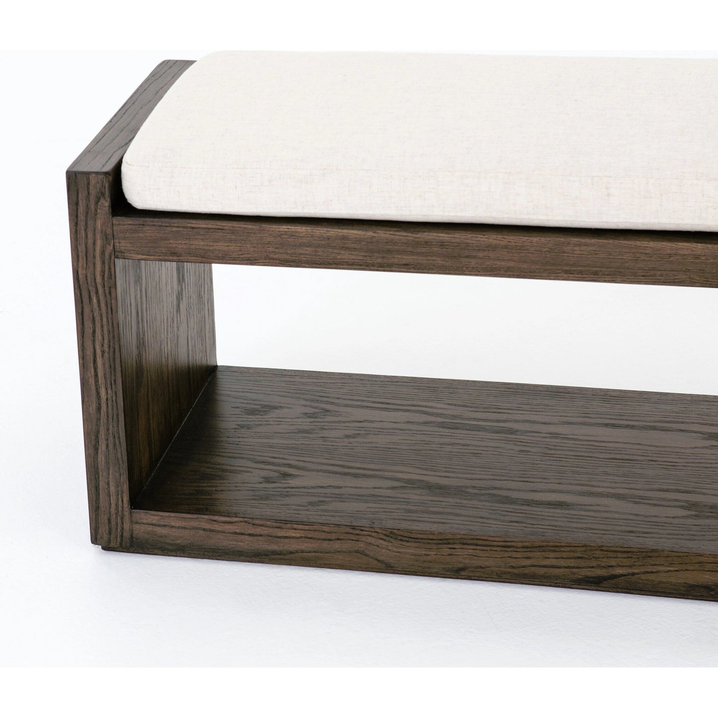 020 SR-368990 | Closeup | Edmon Bench by Four Hands in savile flax, warm oak. Made from 92% polyester, 8% flax, linen, solid nettlewood, 93% polyurethane foam pad, 7% polyester fiber batting in a modern style.