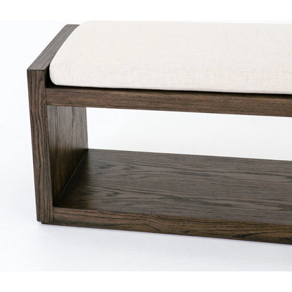 Edmon Bench by Four Hands in savile flax, warm oak. Made from 92% polyester, 8% flax, linen, solid nettlewood, 93% polyurethane foam pad, 7% polyester fiber batting in a modern style.