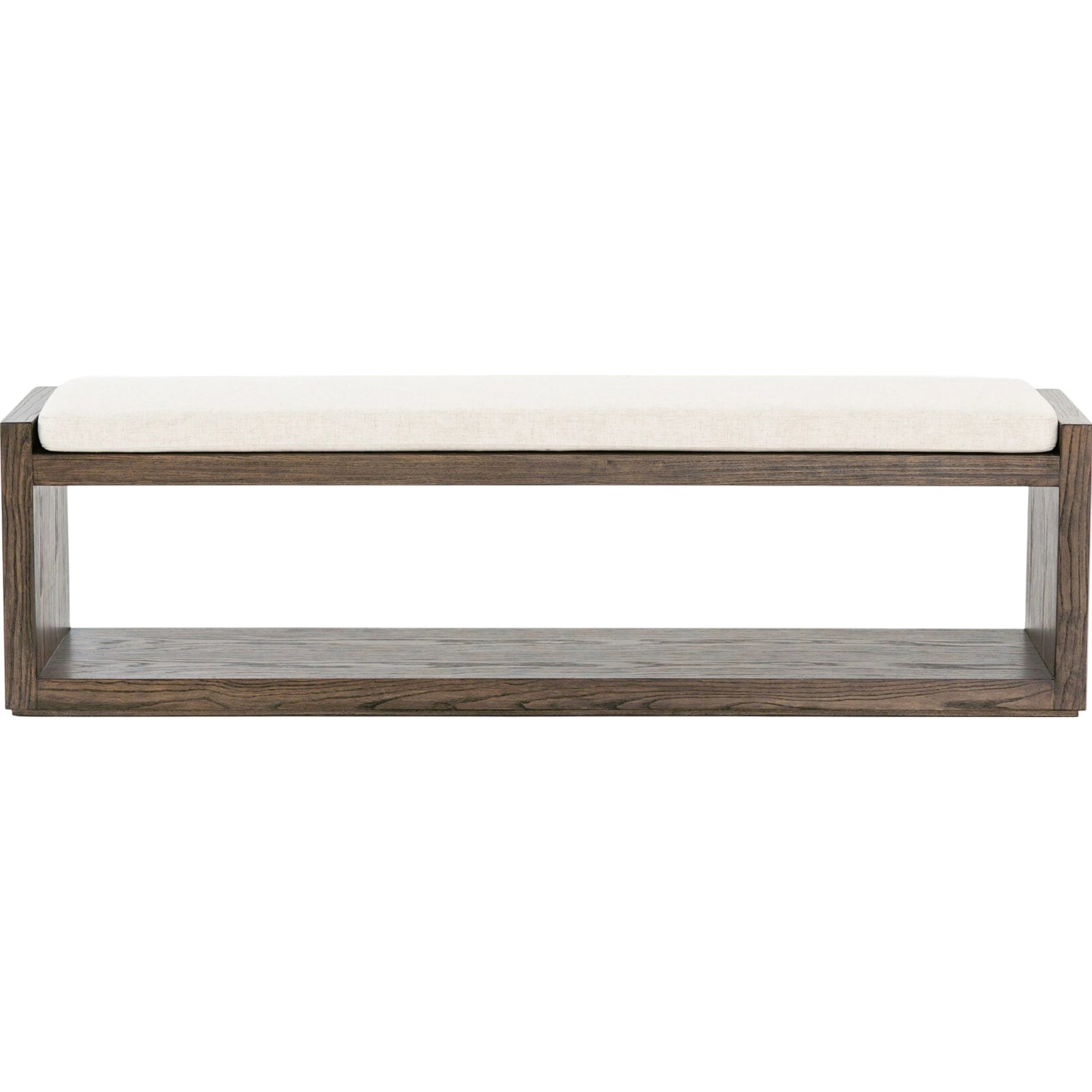 Edmon Bench by Four Hands in savile flax, warm oak. Made from 92% polyester, 8% flax, linen, solid nettlewood, 93% polyurethane foam pad, 7% polyester fiber batting in a modern style.