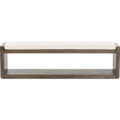 Edmon Bench by Four Hands in savile flax, warm oak. Made from 92% polyester, 8% flax, linen, solid nettlewood, 93% polyurethane foam pad, 7% polyester fiber batting in a modern style.
