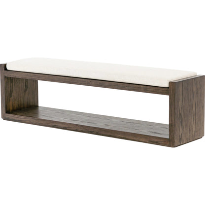 Edmon Bench by Four Hands in savile flax, warm oak. Made from 92% polyester, 8% flax, linen, solid nettlewood, 93% polyurethane foam pad, 7% polyester fiber batting in a modern style.