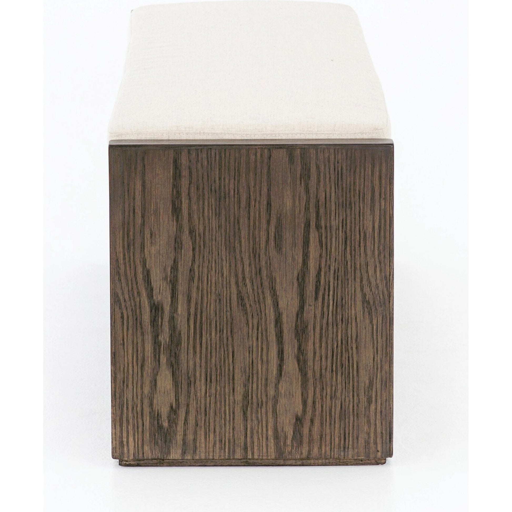 Edmon Bench by Four Hands in savile flax, warm oak. Made from 92% polyester, 8% flax, linen, solid nettlewood, 93% polyurethane foam pad, 7% polyester fiber batting in a modern style.