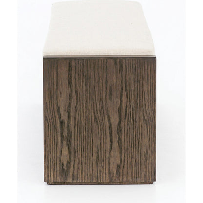 Edmon Bench by Four Hands in savile flax, warm oak. Made from 92% polyester, 8% flax, linen, solid nettlewood, 93% polyurethane foam pad, 7% polyester fiber batting in a modern style.
