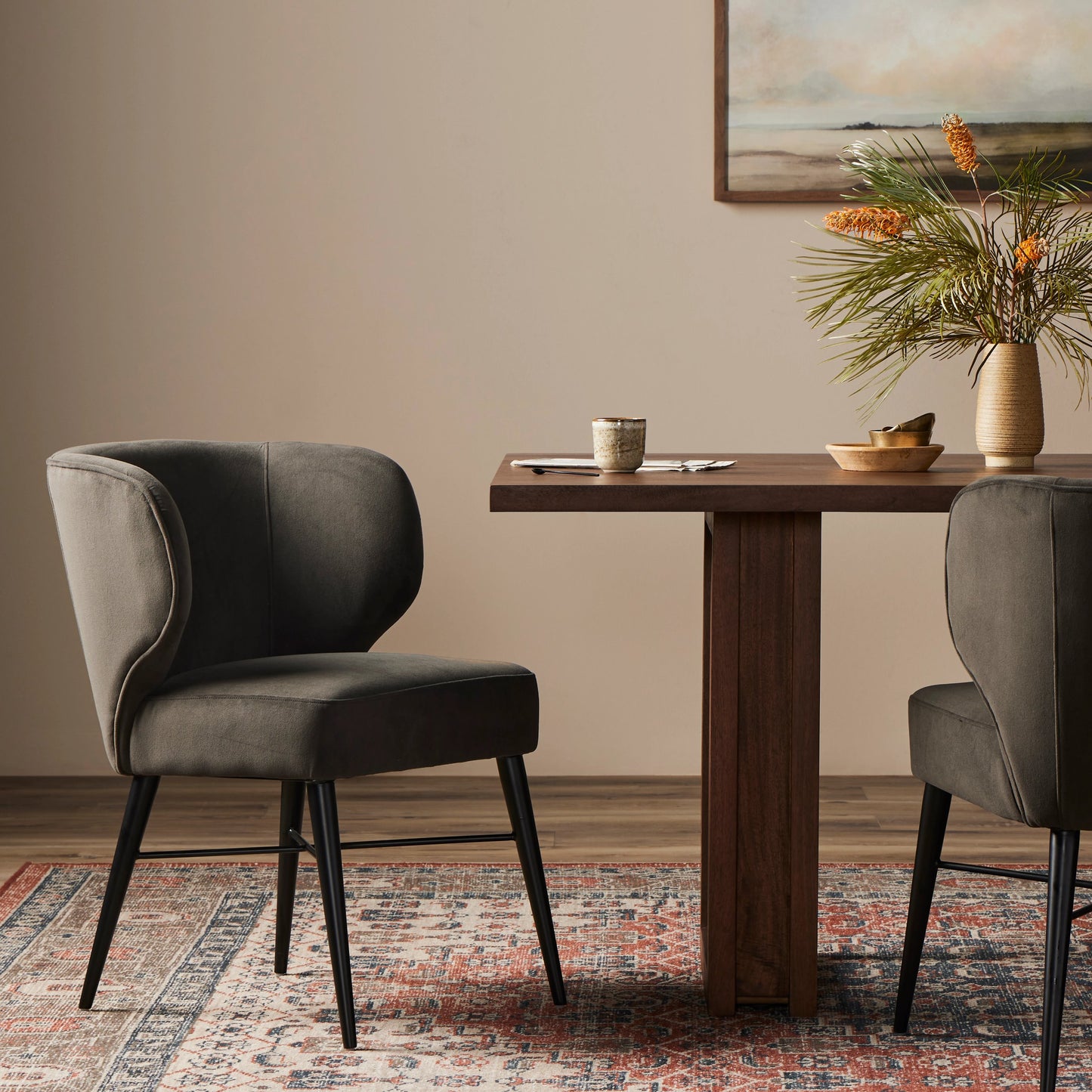 012 SR-368860 | Lifestyle | Arianna Dining Chair by Four Hands in bella smoke, midnight iron. Made from 100% polyester, iron in a modern style.
