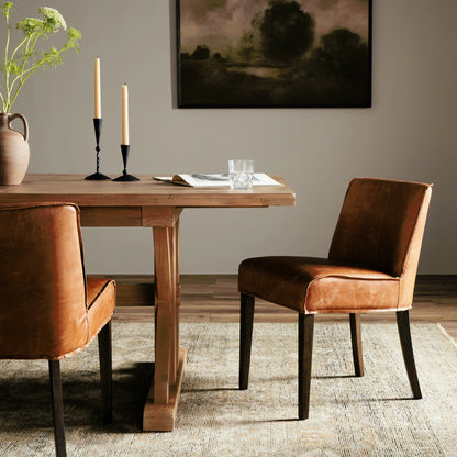 Aria Dining Chair by Four Hands in sienna chestnut, warm nettlewood and sienna chestnut. Made from top grain leather, solid nettlewood, 100% polyester in a modern style.