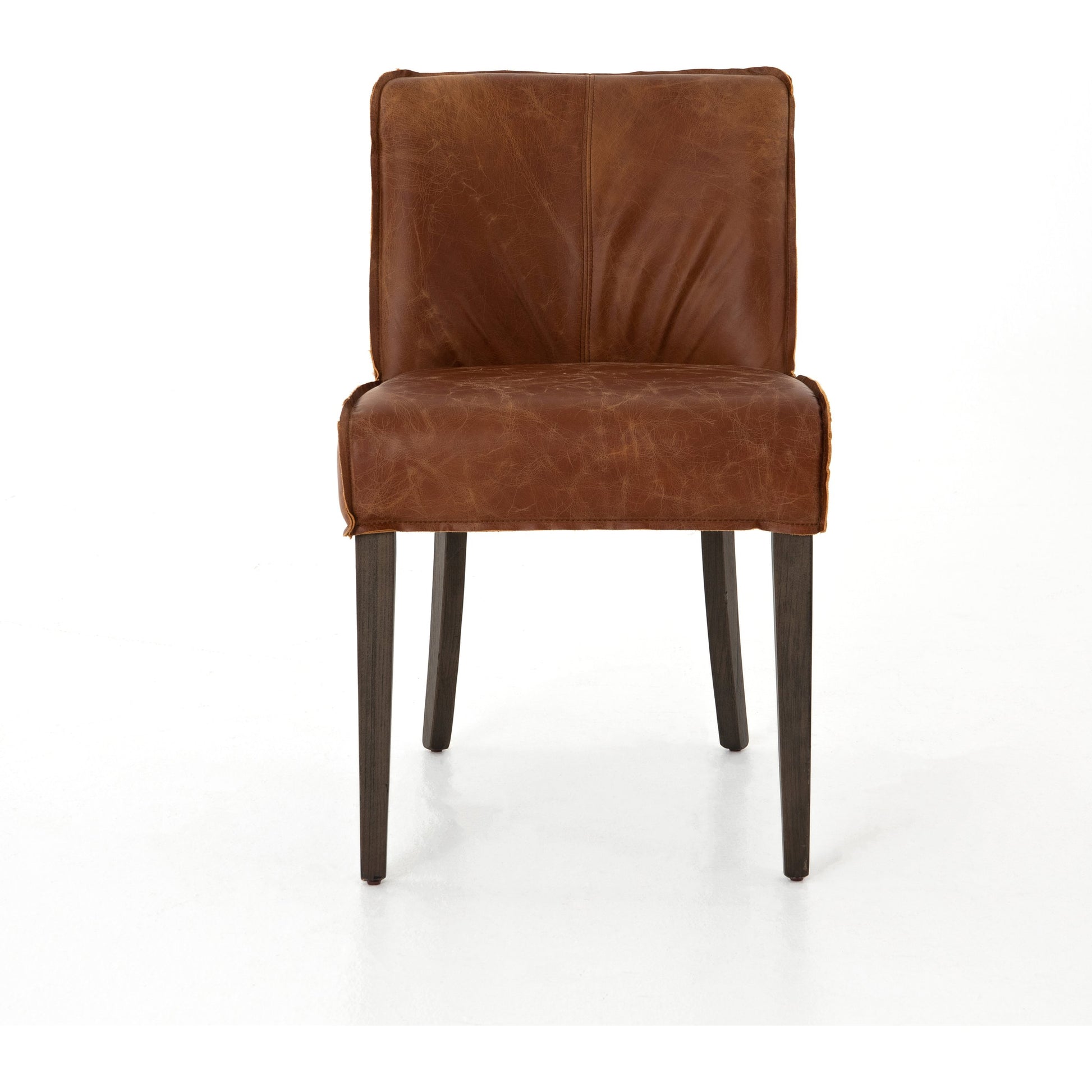 Aria Dining Chair by Four Hands in sienna chestnut, warm nettlewood and sienna chestnut. Made from top grain leather, solid nettlewood, 100% polyester in a modern style.
