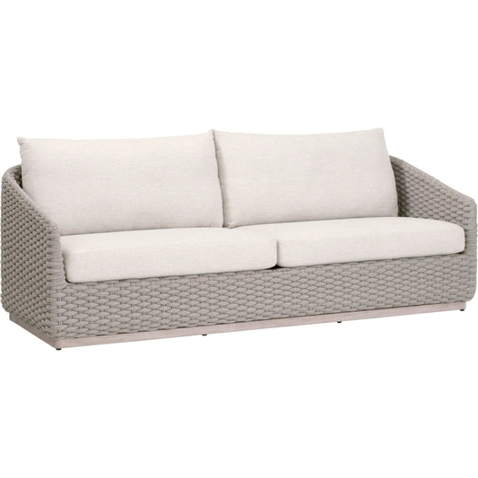 Caspian Outdoor 89" Sofa by Essentials For Living in taupe oval rope, performance ecru weave, washed ever teak. Made from solid teak wood in a unique style.