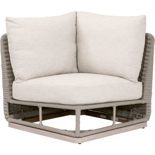 Caspian Outdoor Modular Corner Sofa by Essentials For Living in taupe oval rope, performance ecru weave, washed ever teak. Made from solid teak wood in a unique style.