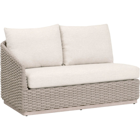 Caspian Outdoor Modular Facing 1-Arm Sofa by Essentials For Living in taupe oval rope, performance ecru weave, washed ever teak. Made from solid teak wood in a unique style.