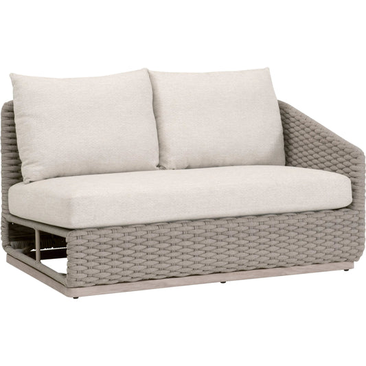 Caspian Outdoor Modular Facing 1-Arm Sofa by Essentials For Living in taupe oval rope, performance ecru weave, washed ever teak. Made from solid teak wood in a unique style.