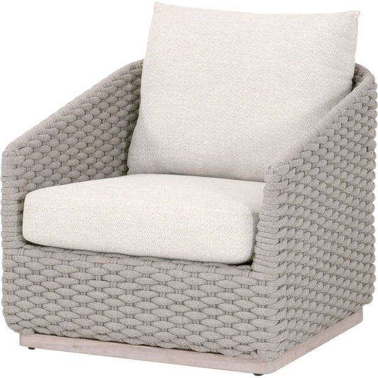 Caspian Outdoor Sofa Chair by Essentials For Living in taupe oval rope, performance ecru weave, washed ever teak. Made from solid teak wood in a unique style.