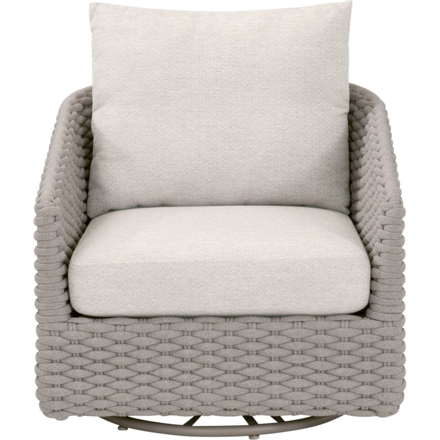 002 SI-2374636 | Additional Silo | Caspian Outdoor Swivel Rocker Sofa Chair by Essentials For Living in taupe oval rope, performance ecru weave. Made from aluminum in a transitional style.