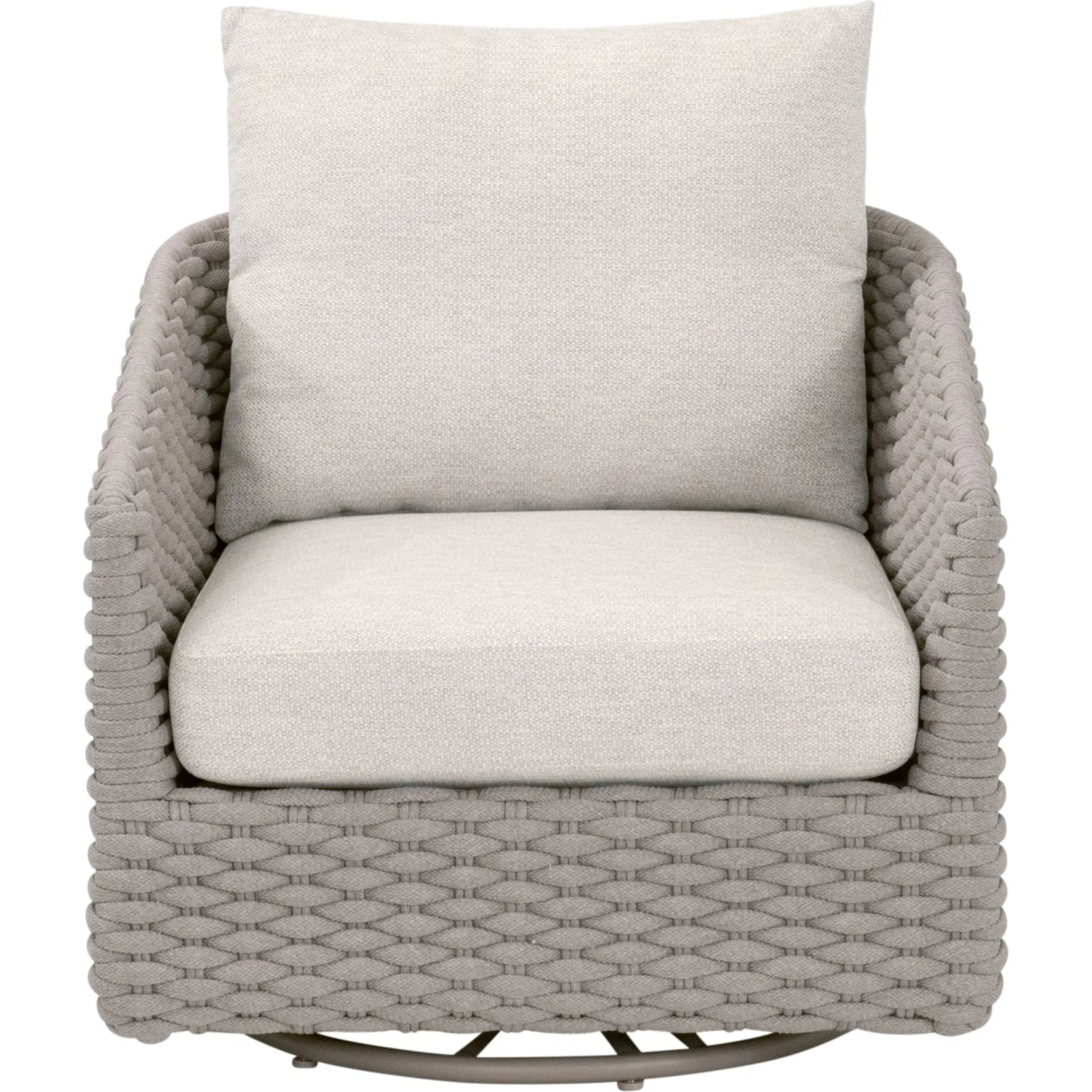 Caspian Outdoor Swivel Rocker Sofa Chair by Essentials For Living in taupe oval rope, performance ecru weave. Made from aluminum in a transitional style.
