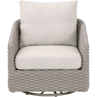 Caspian Outdoor Swivel Rocker Sofa Chair by Essentials For Living in taupe oval rope, performance ecru weave. Made from aluminum in a transitional style.