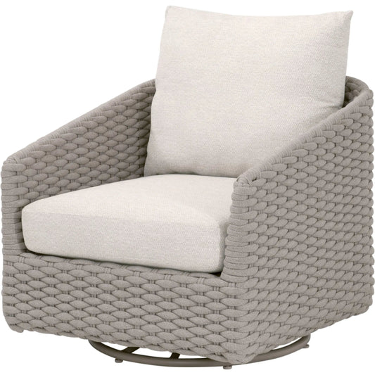 Caspian Outdoor Swivel Rocker Sofa Chair by Essentials For Living in taupe oval rope, performance ecru weave. Made from aluminum in a unique style.