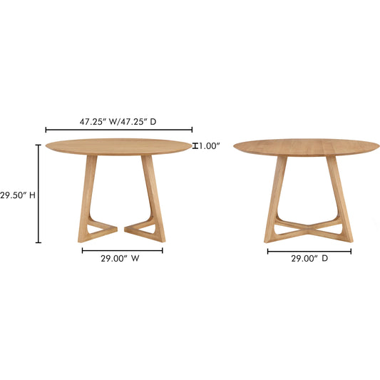 Godenza Round Dining Table Oak by Moe's Home Collection in natural. Made from solid oak in a unique style.